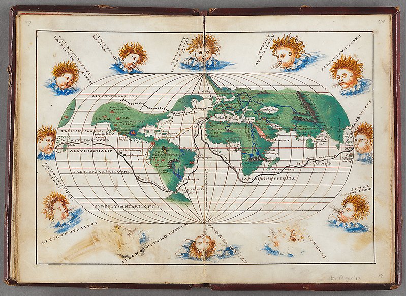 Old world map with wind gods blowing from all directions.