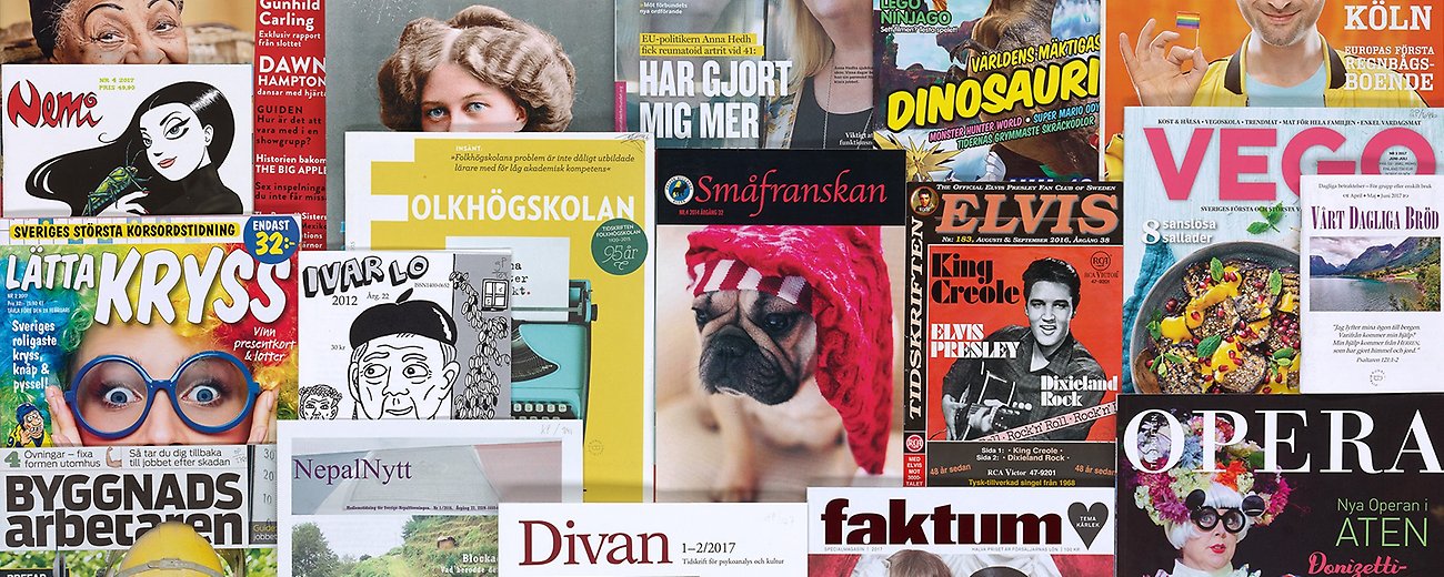 En mängd tidskrifter uppradade bredvid varandra
