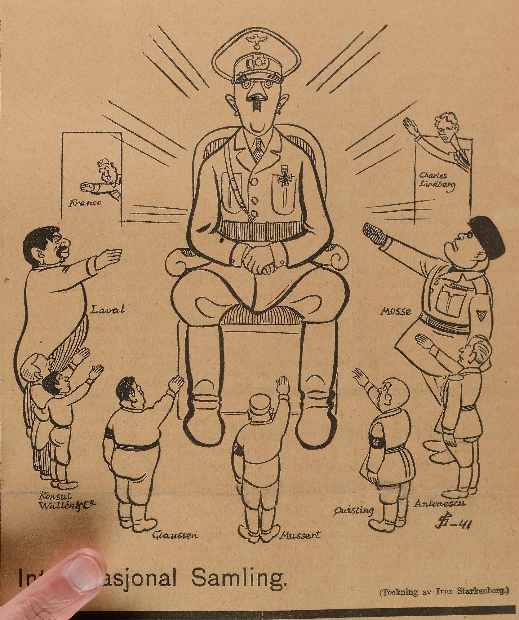 Gulnad karikatyrteckning med Hitler omgiven av olika diktatorer och medlöpare.