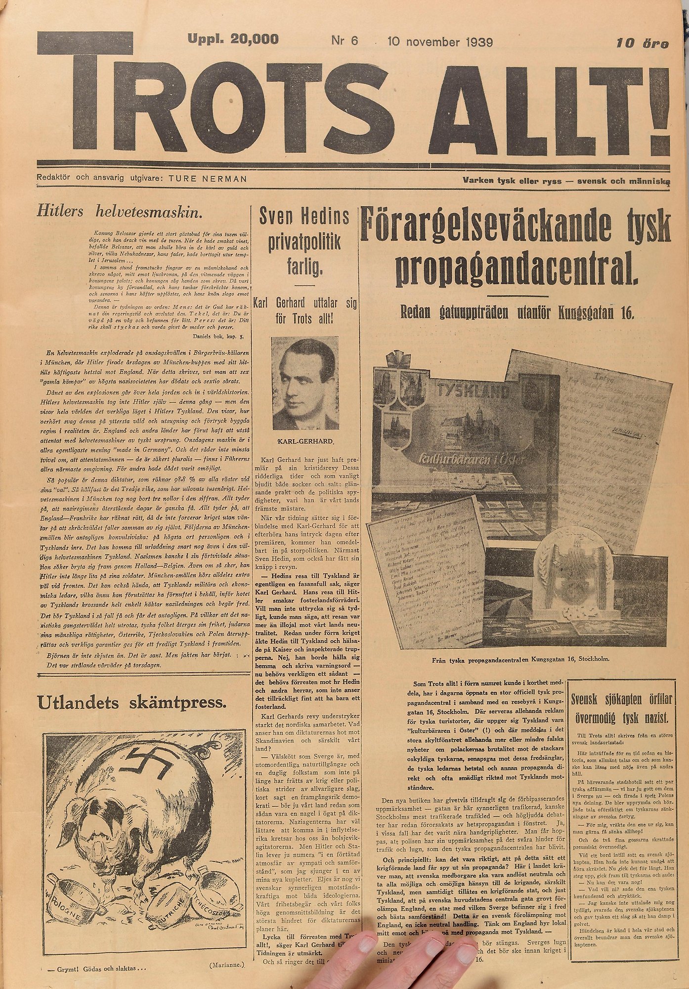 Gulnad tidningssida. Text: Hitlers helvetesmaskin