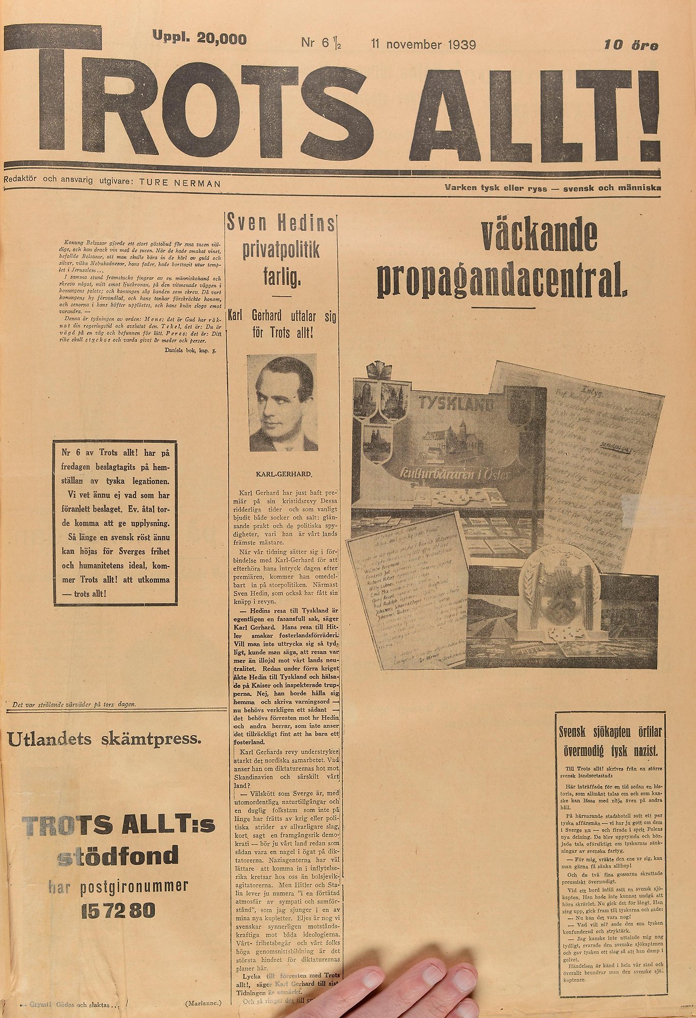 Gulnad tidningssida där stora tomrum efter censurerad text finns. 