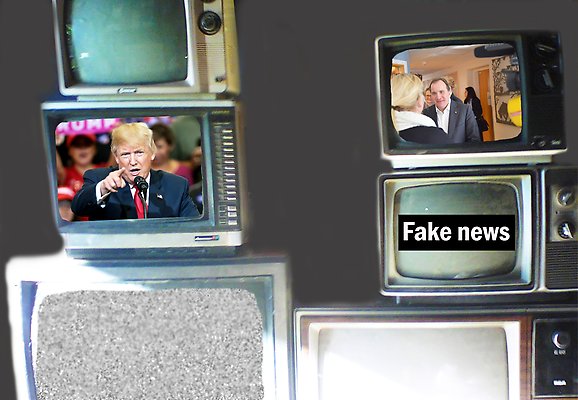 Donald Trump talar till folkmassa. Upphov: Gage Skidmore. Stefan Löfven blir intervjuad. Upphov: Kristiandstads kommun. 