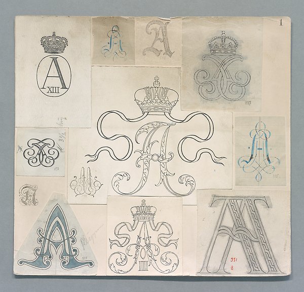 Papper med olika snirkliga monogram. 