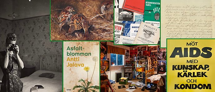 Ett kollage av olika bilder, bland annat en kvinna med kamera.