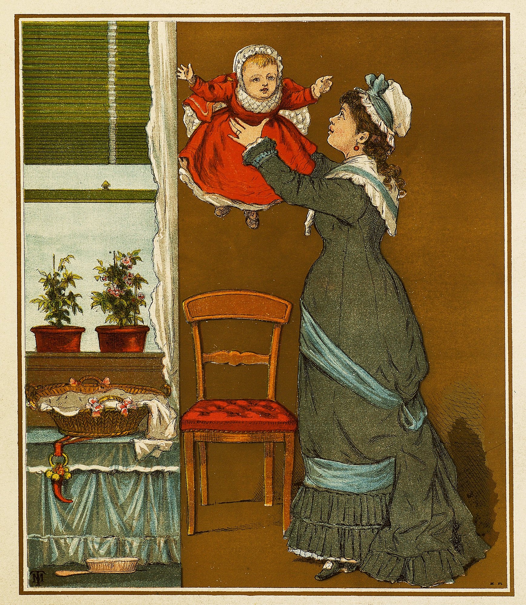 Illustration av kvinna i grön klänning som kastar upp ett spädbarn i luften.