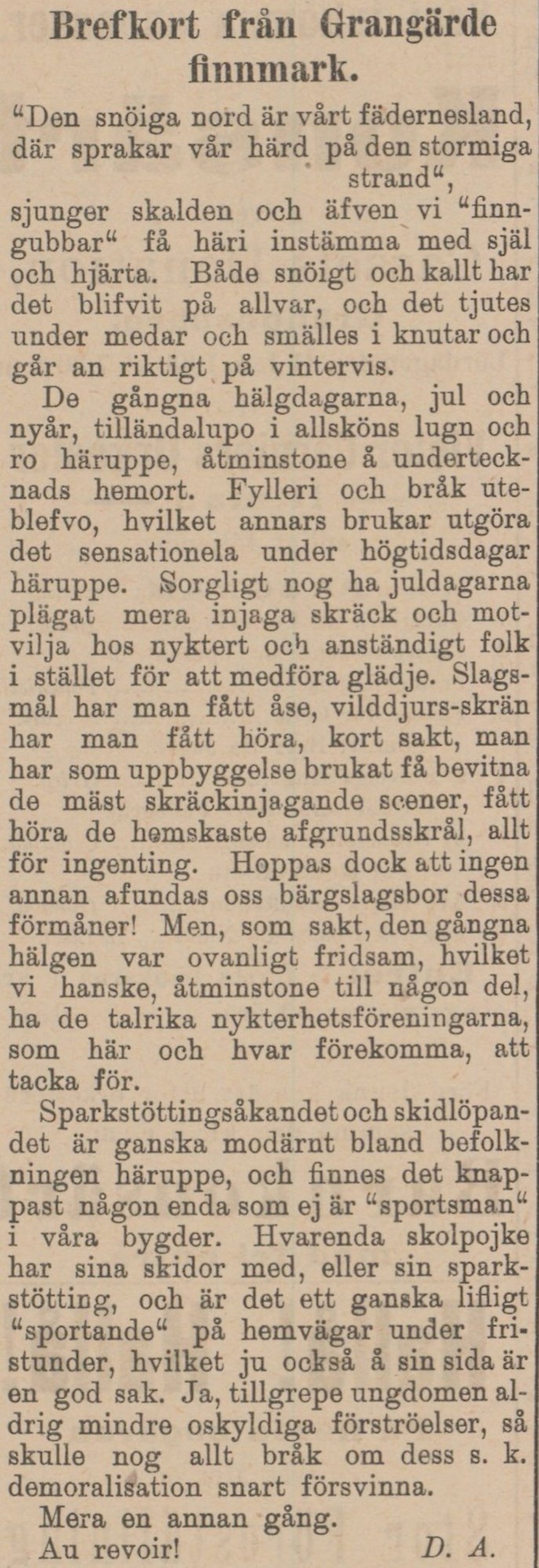 Gulnat tidningsklipp. Text: Brefkort från Grangärde finnmark