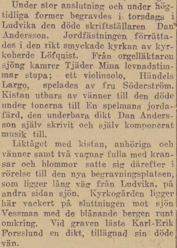 Gulnat tidningsklipp. Text: Under stor anslutning och under högtidliga former begravdes i torsdags i Ludvika.
