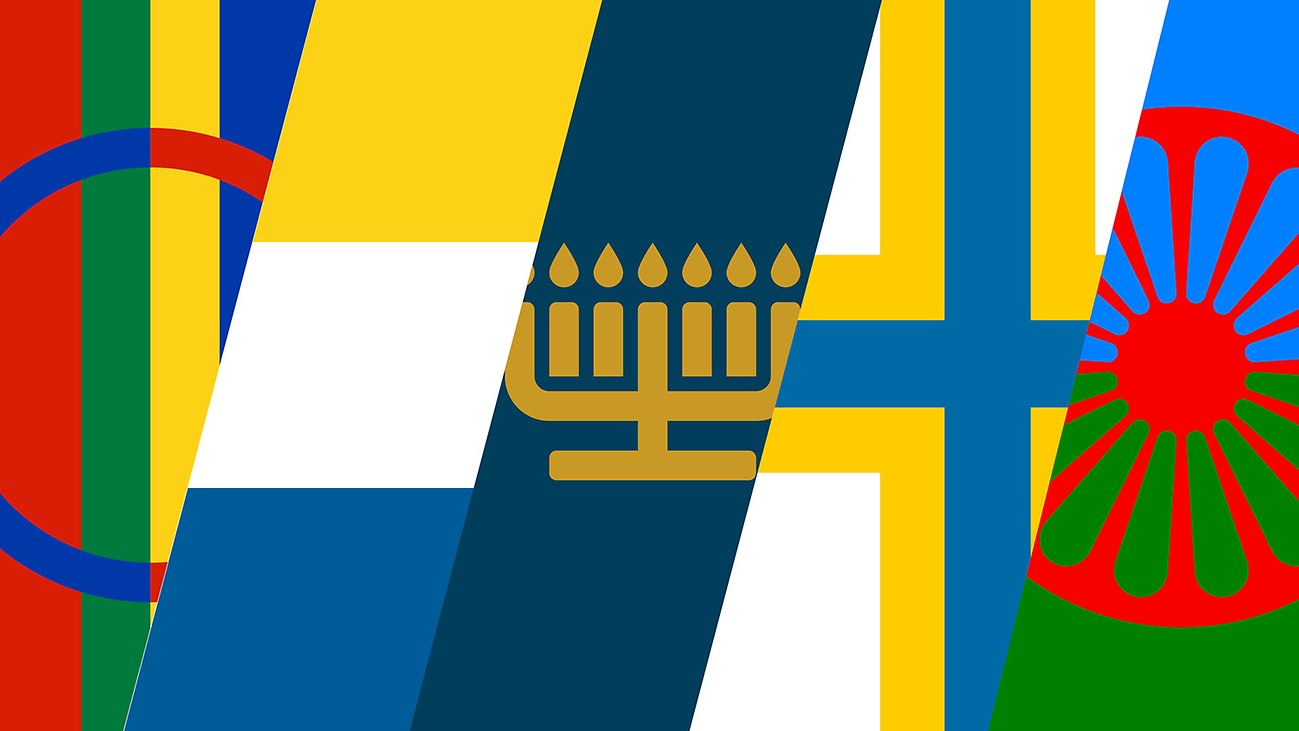 Kollage av symboler för de fem svenska minoriteterna