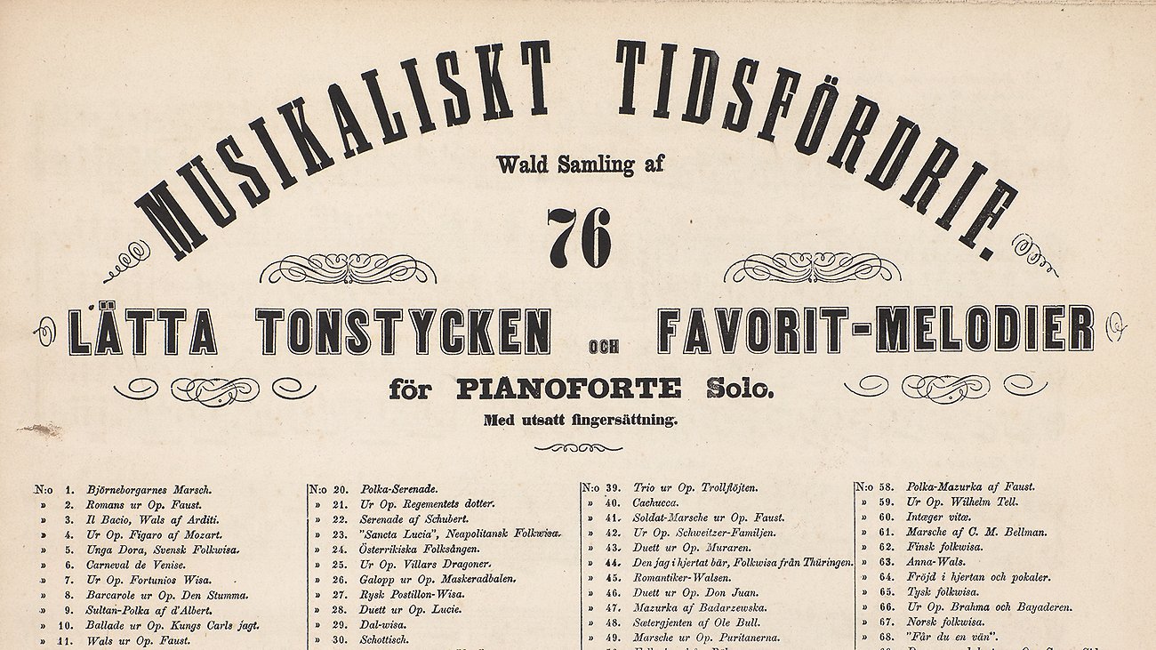 Utsnitt av ett äldre musiktryck med texten Lätta tonstycken och favoritmelodier