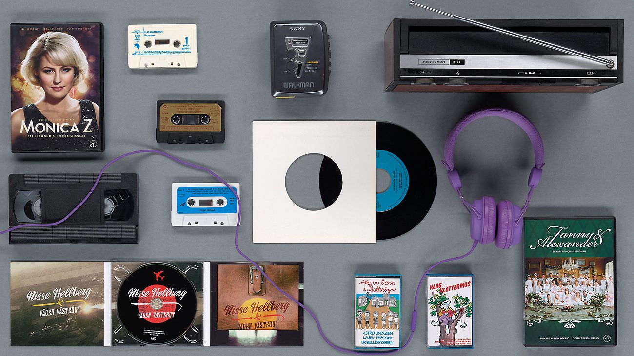 Collage with cassette tapes, DVDs, vinyl records and more.