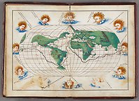 Världskarta med vindgudar ur Battista Agneses portolanatlas från 1542