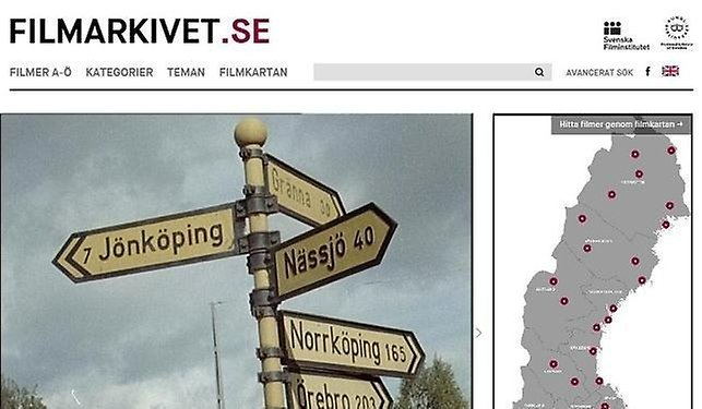 Skärmdump från webbsida med vägskyltar, en Sverigekarta och rubriken Filmarkivet.se.