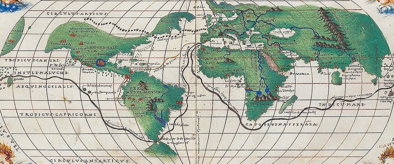 Världskarta ur Battista Agneses portolanatlas från 1542. En portolan är en föregångare till dagens sjökort. På denna världskarta med gradnät, omgiven av vindgudar, är Magellans världsomsegling samt Jacques Cartiers färd till Newfoundland och St. Lawrencefloden 1534-36 markerade. Upphov: Battista Agnese. Från 1542. Signum: KoB H. vol 24. Libris: http://libris.kb.se/bib/17258121