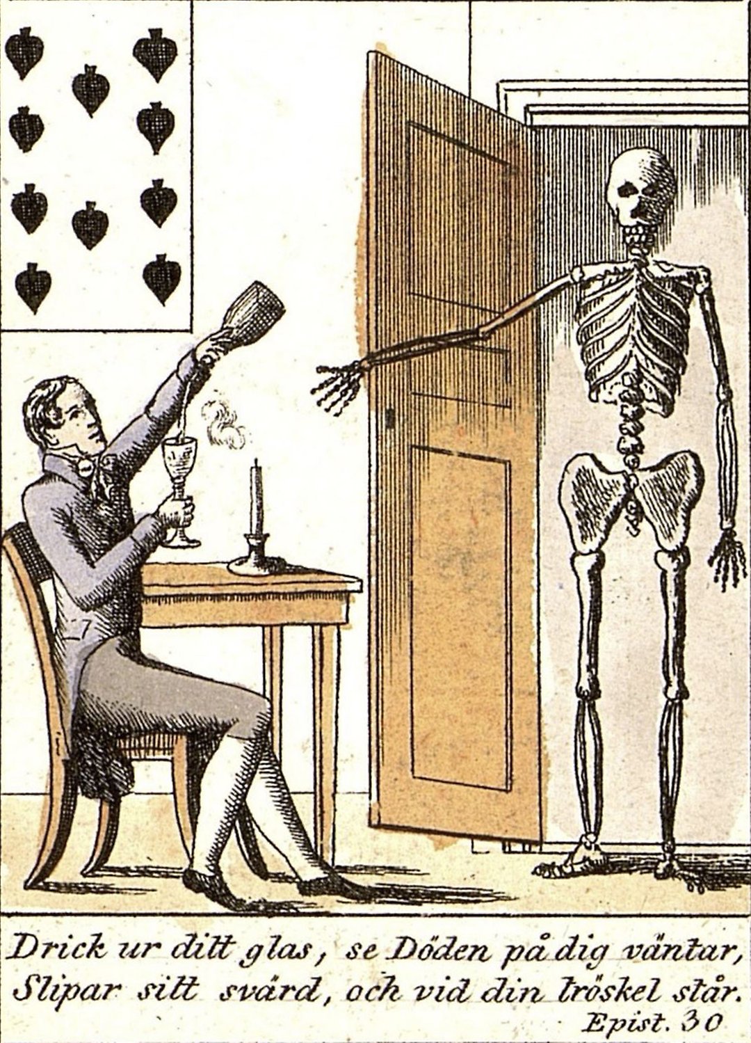Illustration av ett skelett som står i dörren och betraktar en supande man.