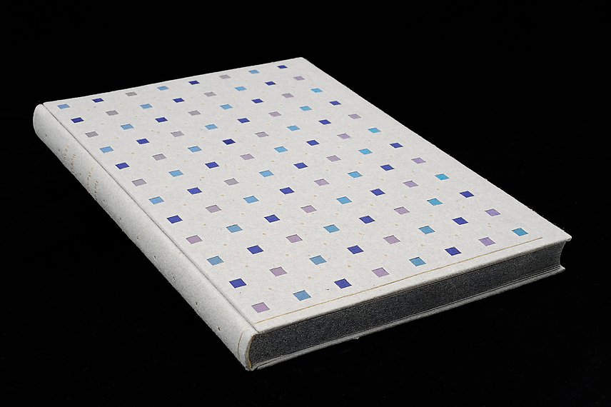 Vit bok med små fyrkanter i blått och lila symmetriskt präglade över framsidan.
