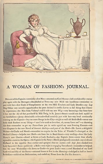 En kvinna i vit klänning sitter vid ett bord dukat för te. Hon håller en bok i ena handen. Under bilden finns en längre text på engelska.