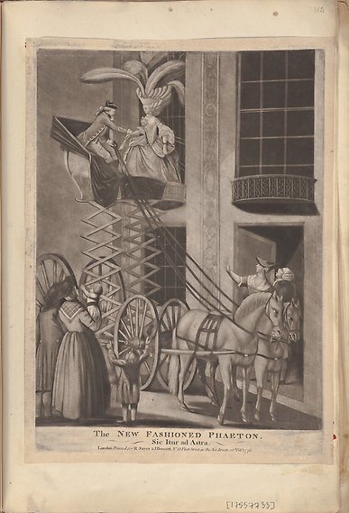 En vagn med två hästar har ett slags anordning som gör att den räcker ända upp till en balkong där en kvinna står. Mannen i vagnen tar hennes hand.