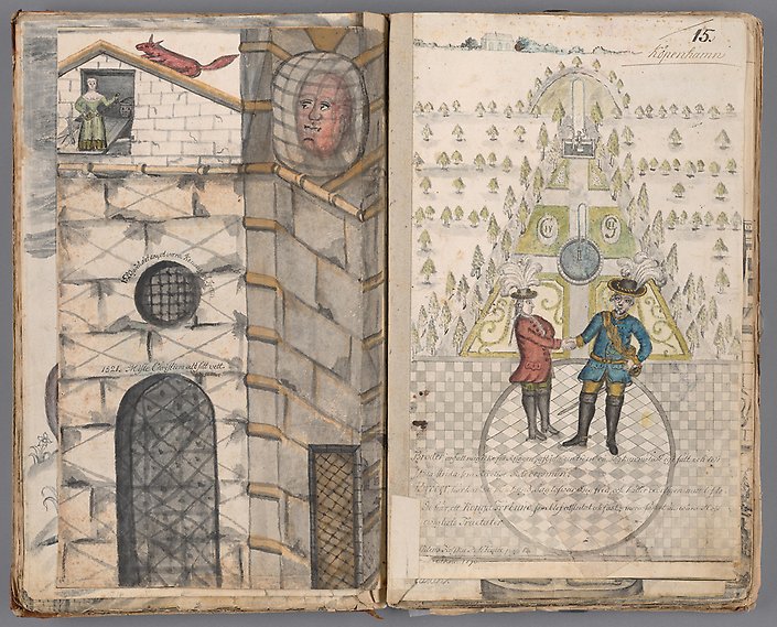 Uppslag i bok med färgteckning. Ena sidan avbildar fängelse där en man syns bakom galler, och en räv på muren. Två kungar skakar hand i slottsträdgård på andra sidan.