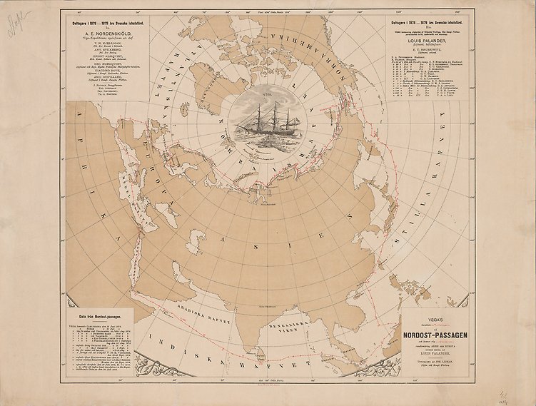 Tecknad karta över Nordpolen, där en bild av skeppet utgör själva polen. Fyra textrutor med information i varsitt hörn.