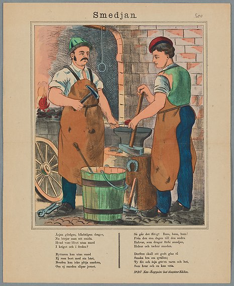 Tecknad bild av två män som står med stora förkläden i en smedja med hammare i hand.