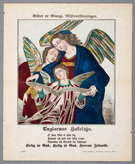 Tre änglar med färgstarka kläddräkter och vingar samlas kring en uppslagen bok. 