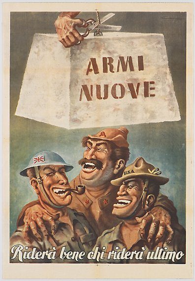 Tecknad affisch som föreställer tre män som har ett betongblock hängande över sig. 