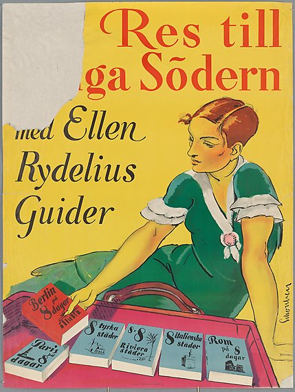 Gul poster med reva i övre vänsterhörn. En kvinna i grön klänning väljer bland en rad guideböcker.