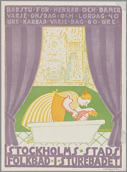 Affisch i grönt, gult och lila. En kvinna i ett kar blir tvagad av en tvätterska. Liten skada i ett hörn.