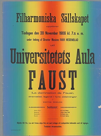 Affisch för Faust, svart text mot färgglad bakgrund i färgspektrum. Mindre skador.