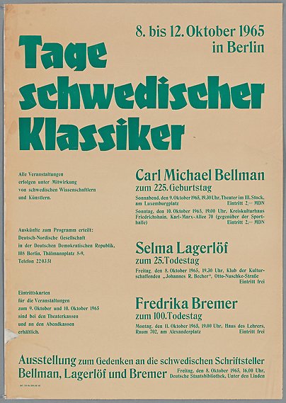 Affisch på tyska, grön text mot beige bakgrund. Carl-Michael Bellman, Selma Lagerlöf och Fredrika Bremer ska uppmärksammas.
