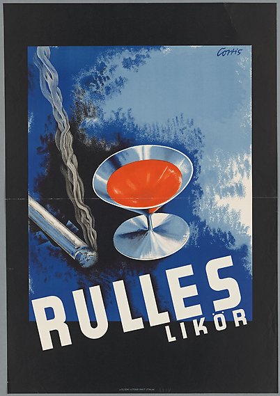 Reklam för Rulles likör. En teckning av ett drinkglas med röd dryck i och en rykande cigarett mot blå bakgrund. 