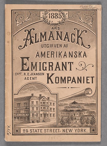 Omslag för en almanacka för emigranter 1885 med text och teckning av kontorsbyggnader. R.E. Jeanson.