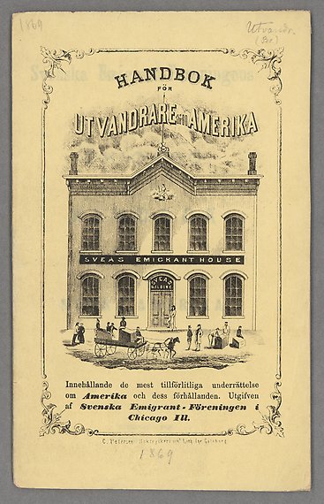 Bokomslag med text och teckning av Sveas emigrant house.