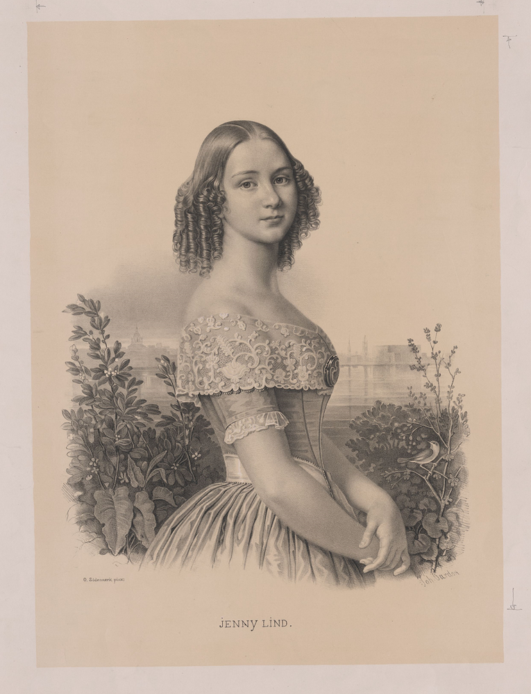 Halvfigursporträtt av Jenny Lind iklädd klänning med spetskrage. På en kvist framför henne sitter en näktergal.