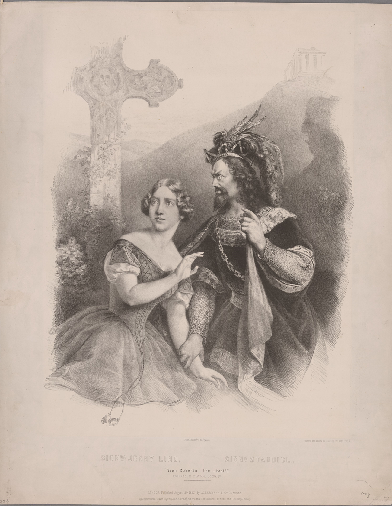 I skuggan av ett högt kors syns en förskräckt Alice, vars arm hålls i ett fast grepp av den onde Bertram.