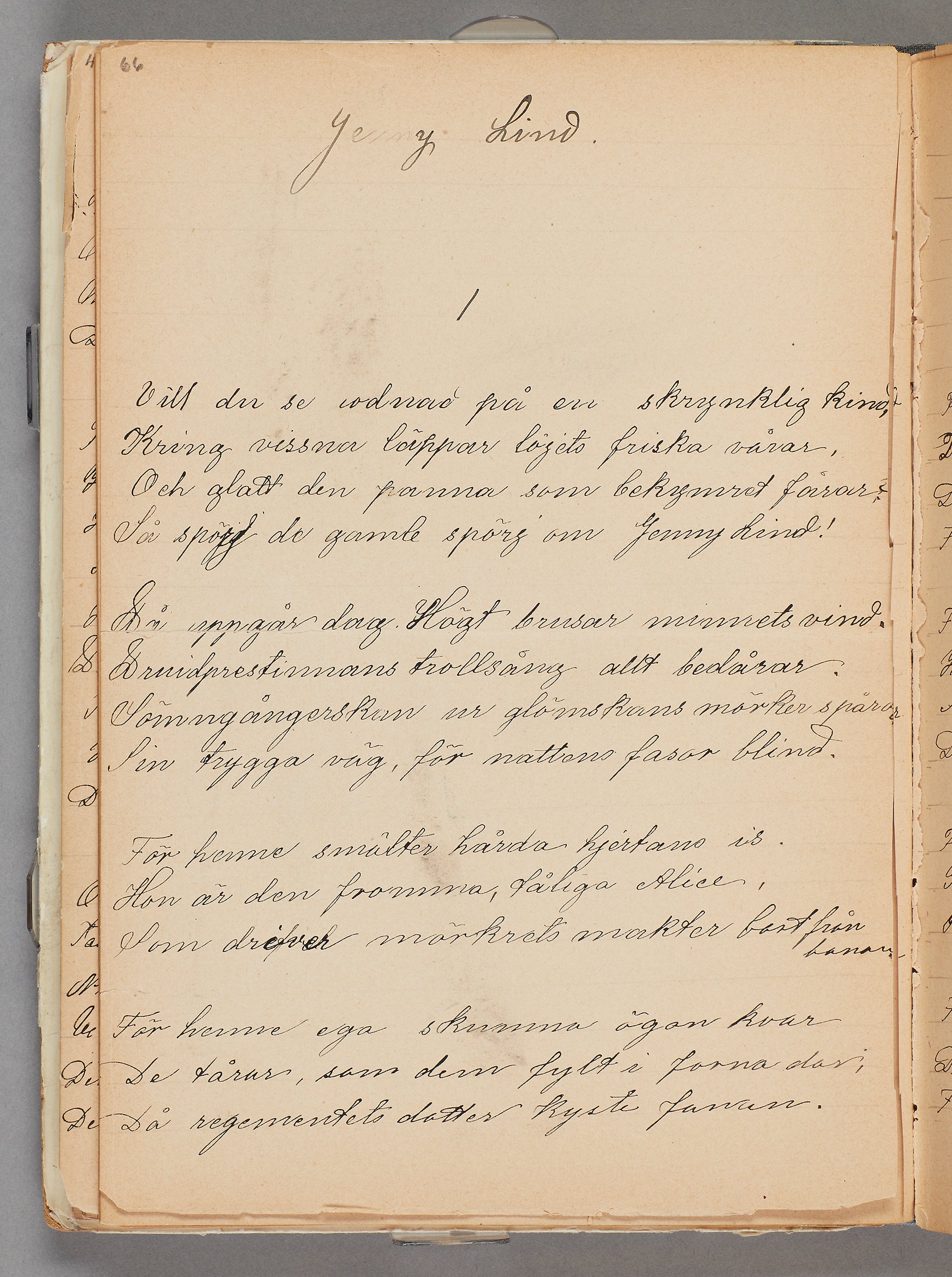 En sida med en handskriven dikt i fyra strofer med titeln Jenny Lind