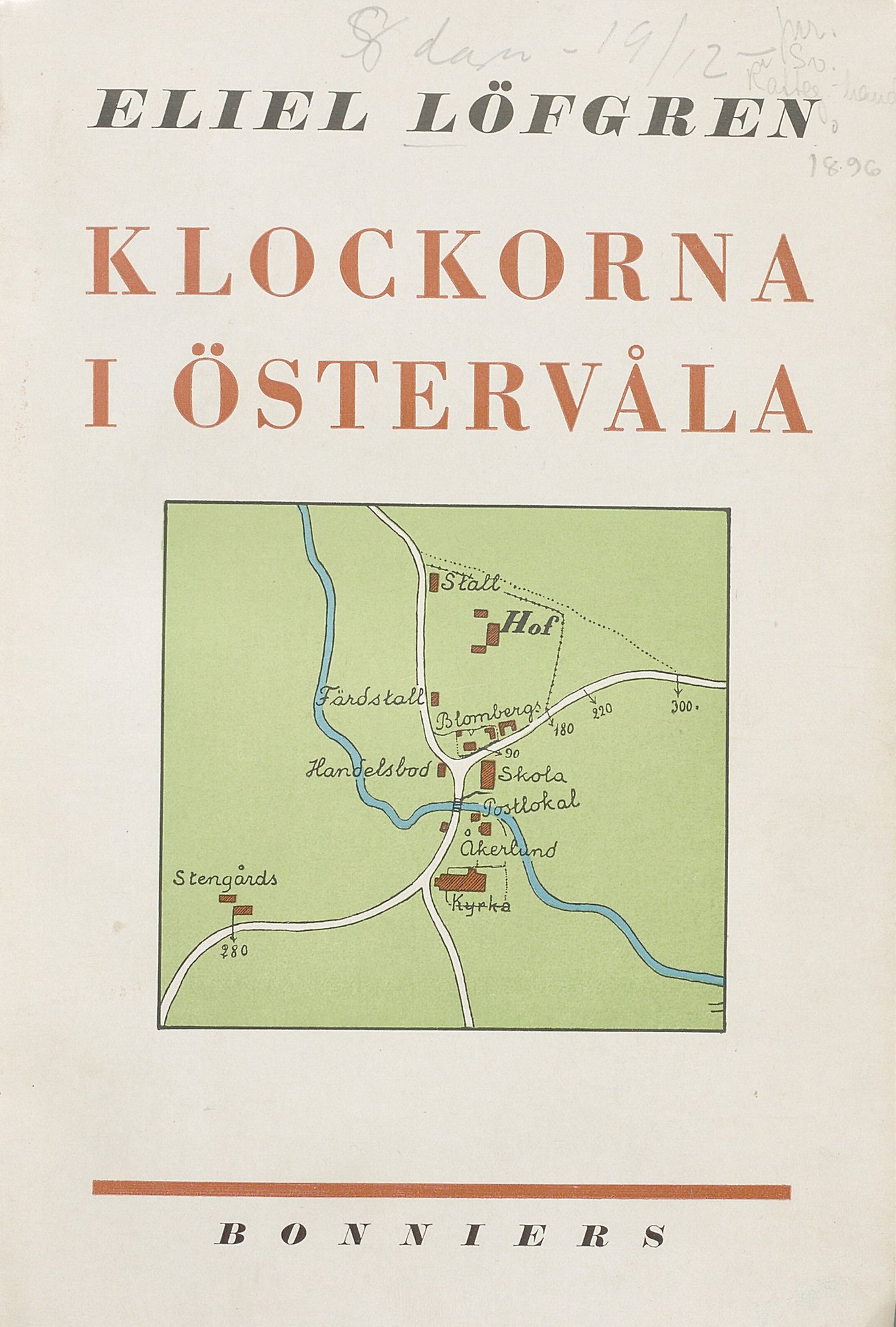 Bokomslag till "Klockorna i Östervåla" med karta i grönt, vitt och blått. 