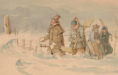 Painting depicting four people in a winter landscape carrying snow shovels.