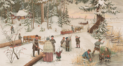 A poster depicting a winter landscape with red cottages where people are building a snowman, lacing up their ice skates, and throwing snowballs.