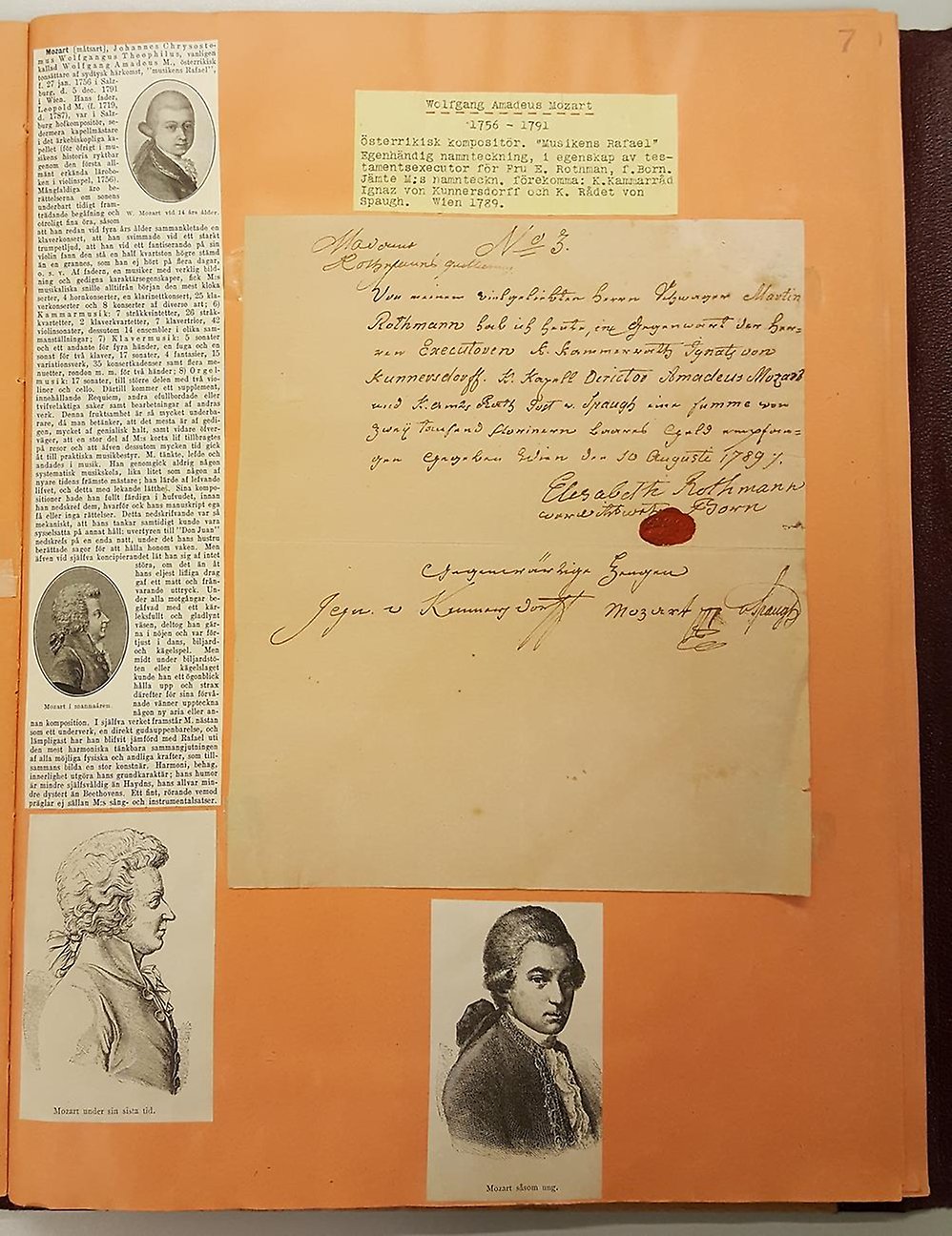 Orangefärgat ark med tryckta porträtt och en artikel samt ett handskrivet brev av Mozart.