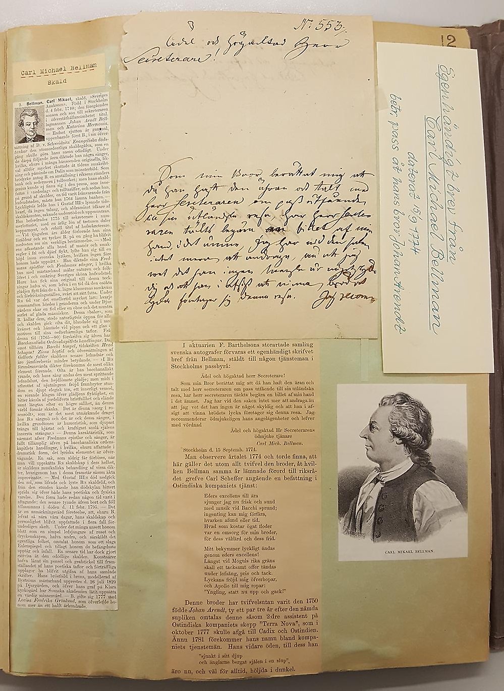 Sida med tryckta bilder och artiklar samt ett handskrivet brev av Bellman.