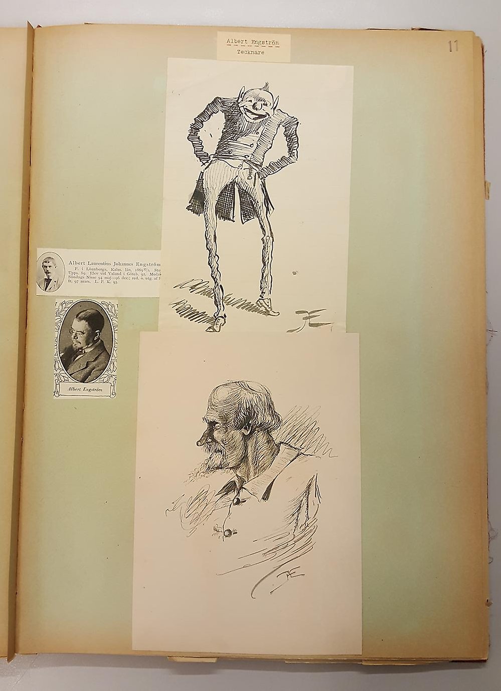 Grönt ark med två tryckta porträtt och två handritade teckningar av Albert Engström.
