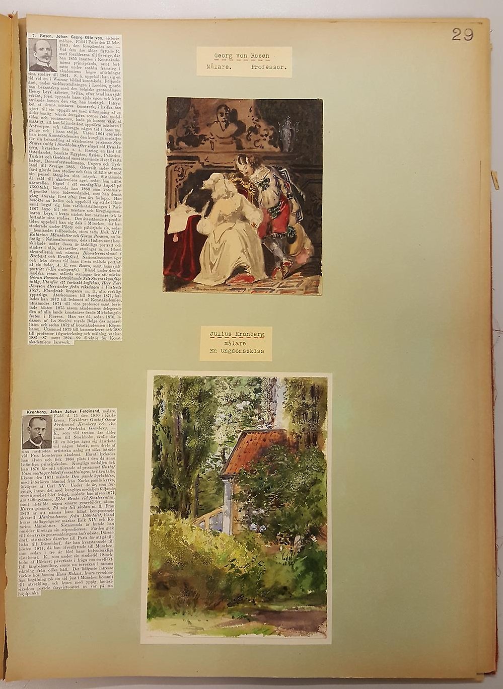 Grönt ark med två tryckta artiklar med porträtt samt två målningar av Georg von Rosen och Julius Kronberg.