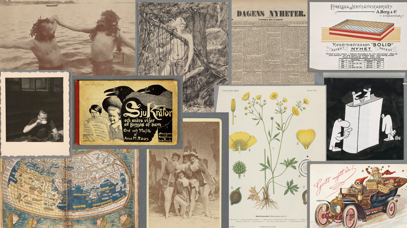 Collage featuring images, posters, postcards, and newspapers