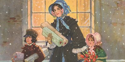 Illustration of a woman with Christmas presents and two children.