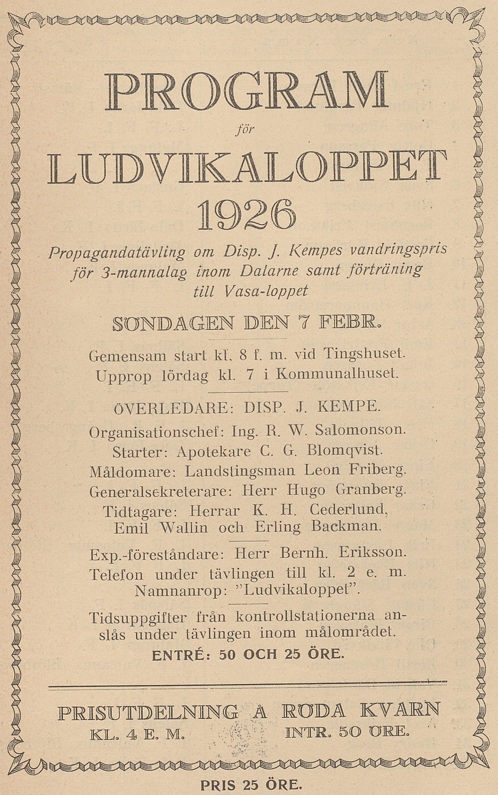 Gulnat programblad Text: Program för Ludvikaloppet 1926