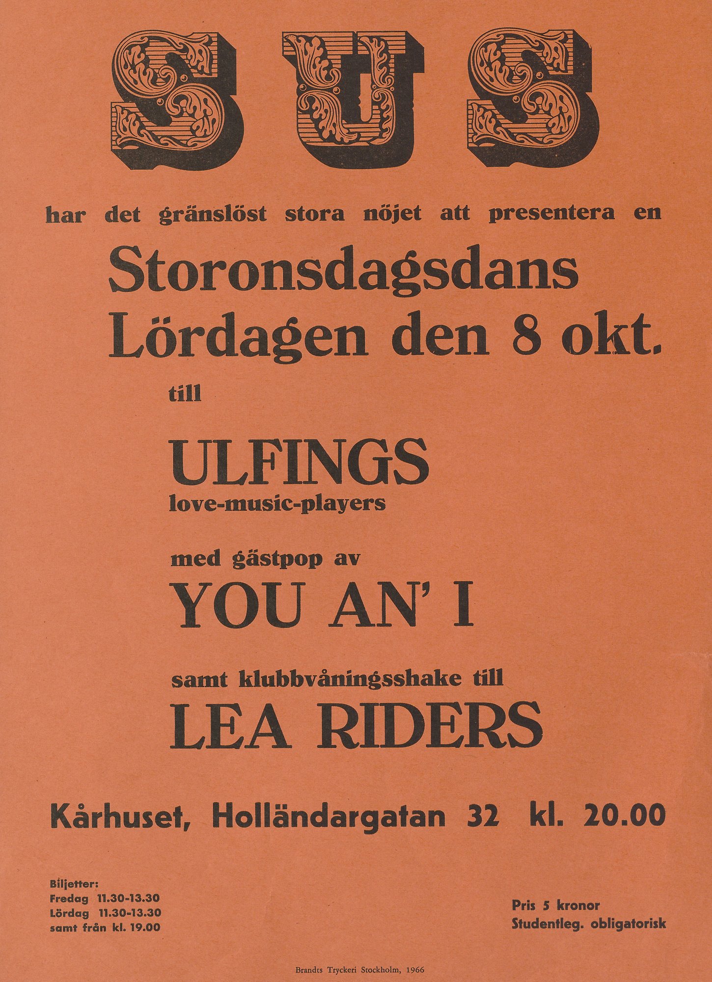 Orange affisch med svart text. Text: samt klubbvåningsshake till Lea Riders