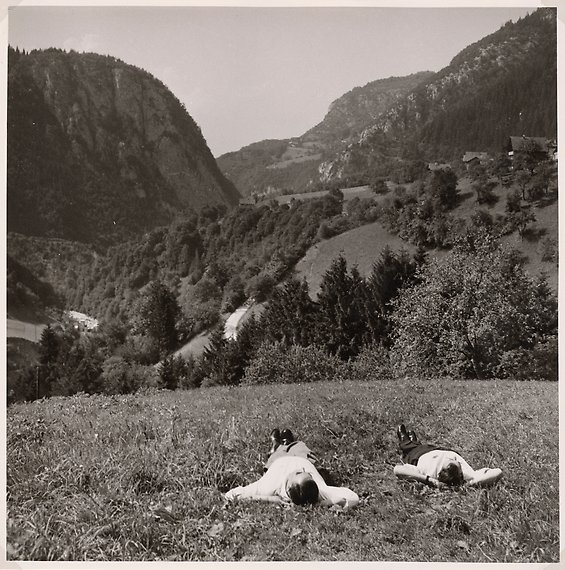 Två män ligger i gräset och ser ut över berg