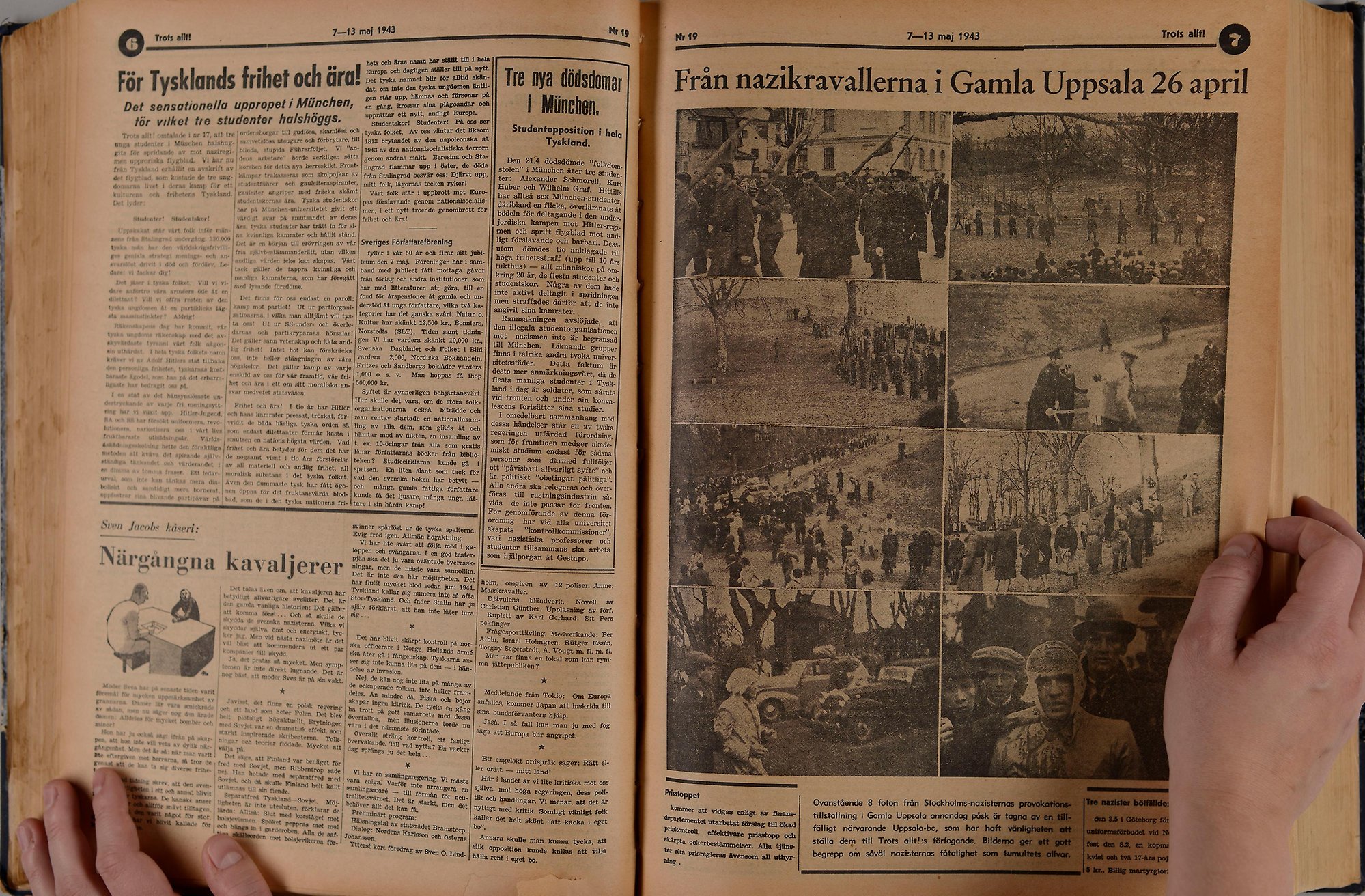 Gulnat uppslag i dagstidning med bilder från en kravall. Text: Från nazikravallerna i Gamla Uppsala 26 april. 